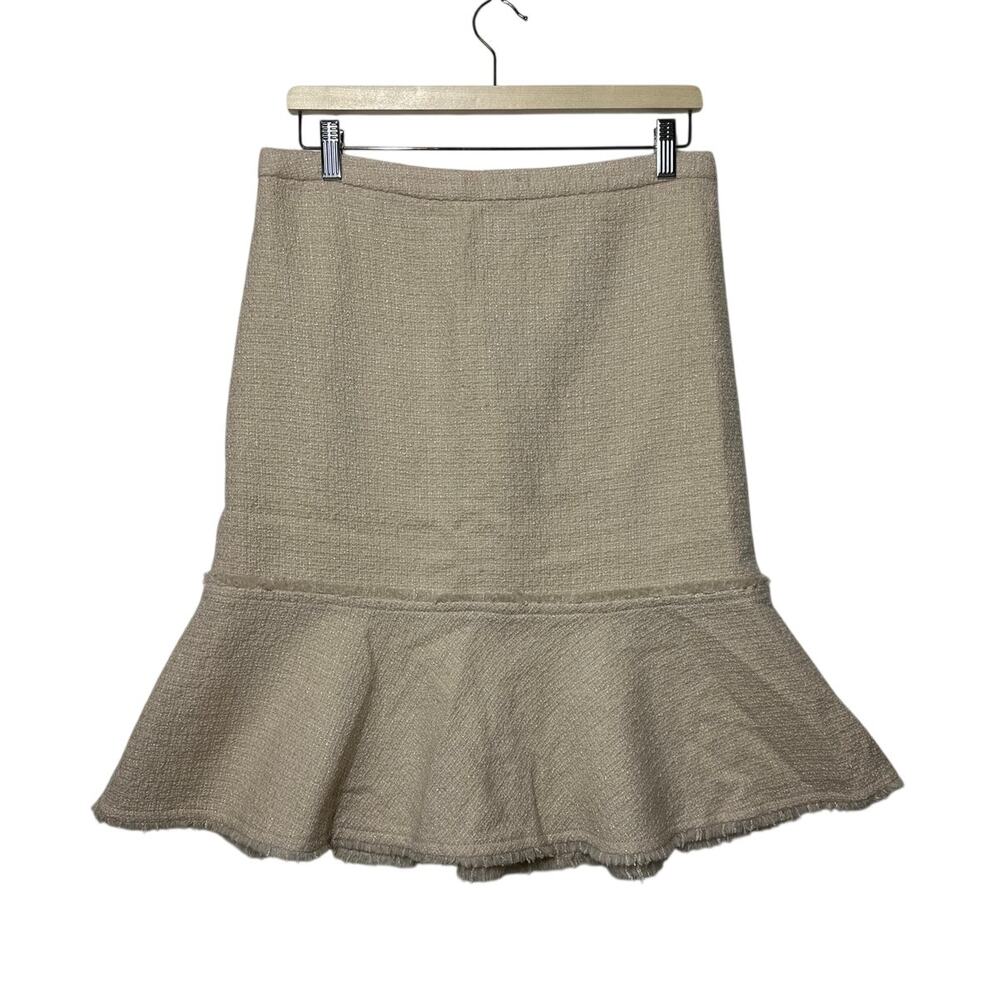 Vintage J. Crew Cream Skirt Tweed Trumpet Flounce Frayed Hem 72012 Sz 8 Neutral